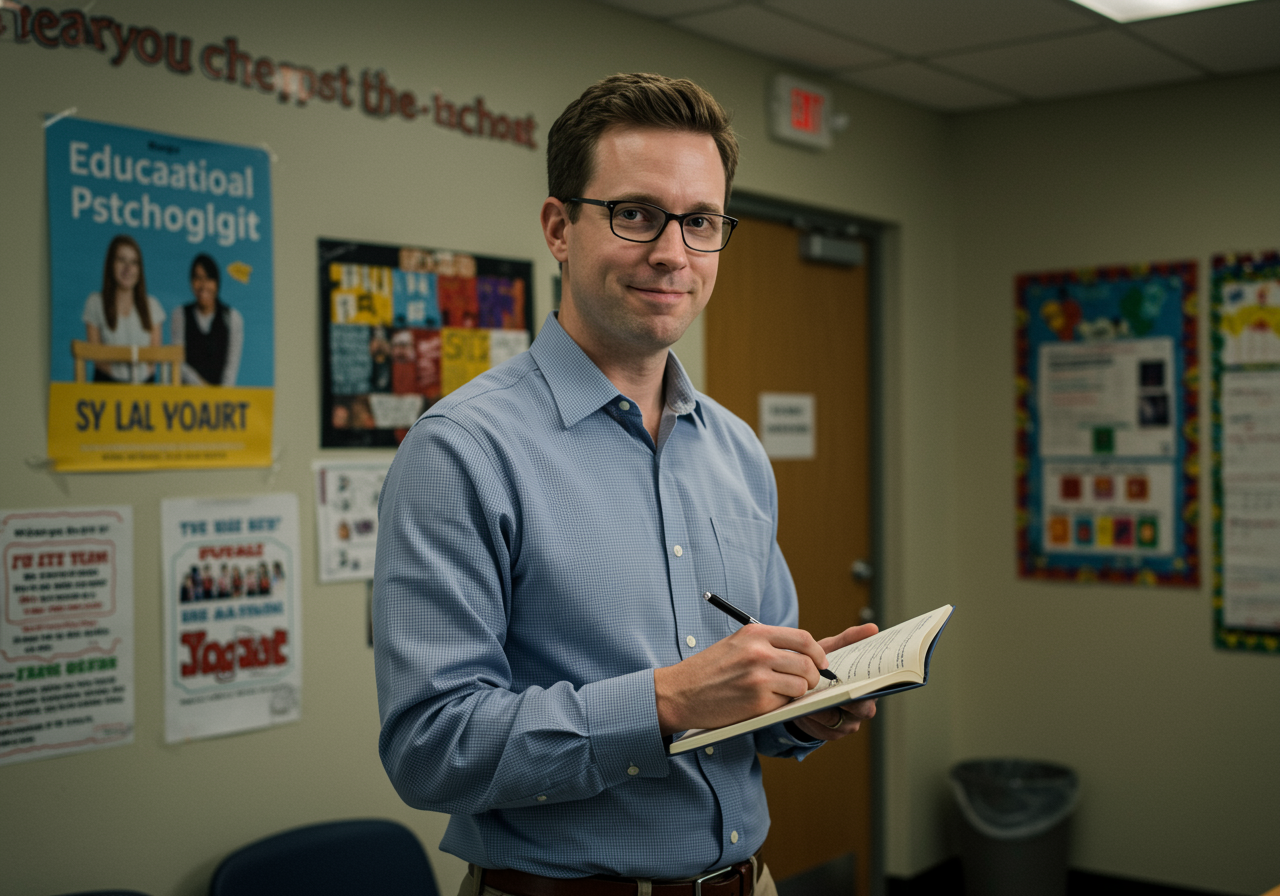 "Retrato de un psicólogo educativo en un entorno acogedor, con ropa de negocios casual, listo para ofrecer orientación en un aula iluminada y motivadora."