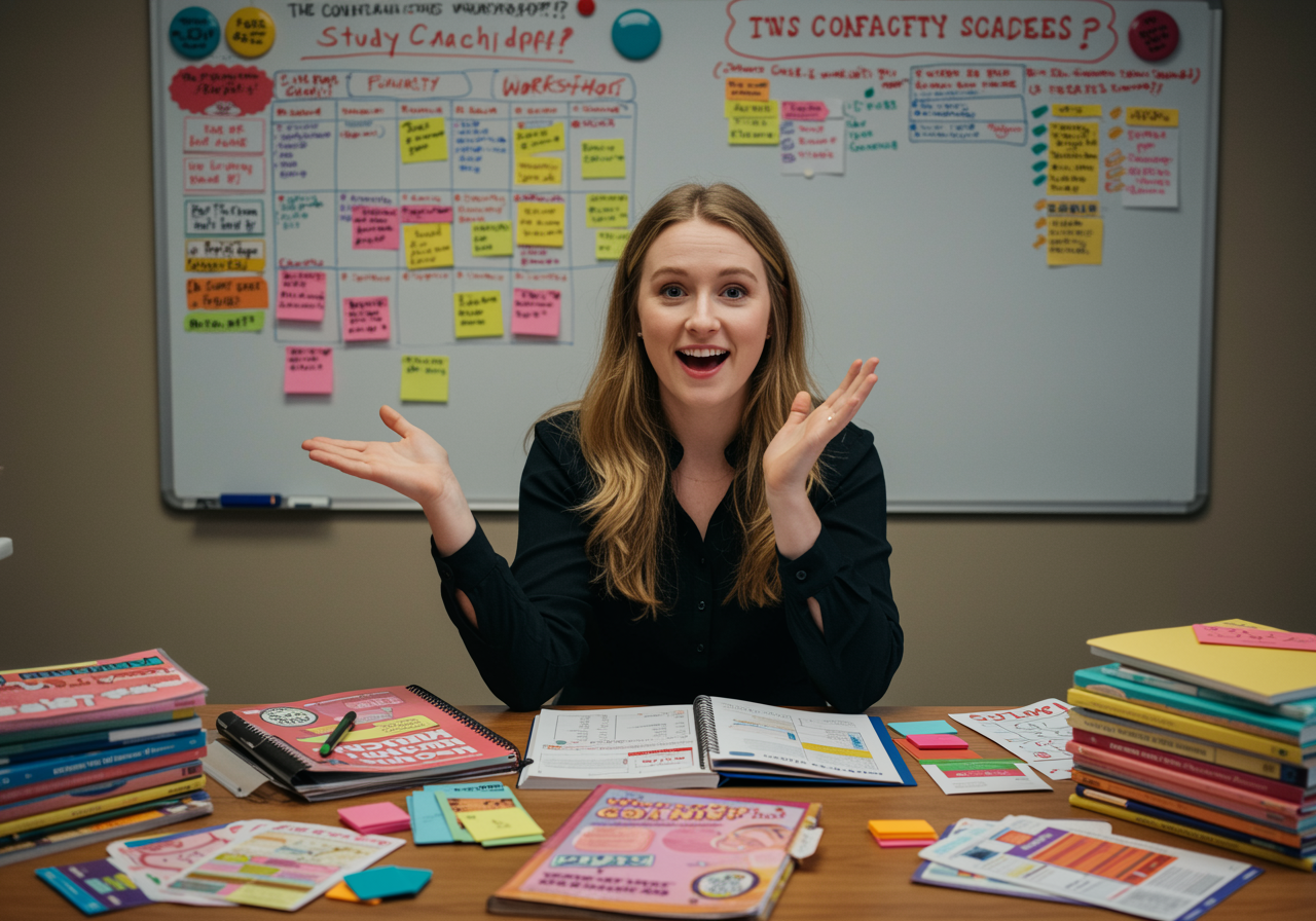 "Mujer blanca en sus 20s, vestida de forma smart-casual, sonriente en un escritorio lleno de materiales educativos, planificadores y un calendario de estudio, reflejando su experiencia en coaching académico."