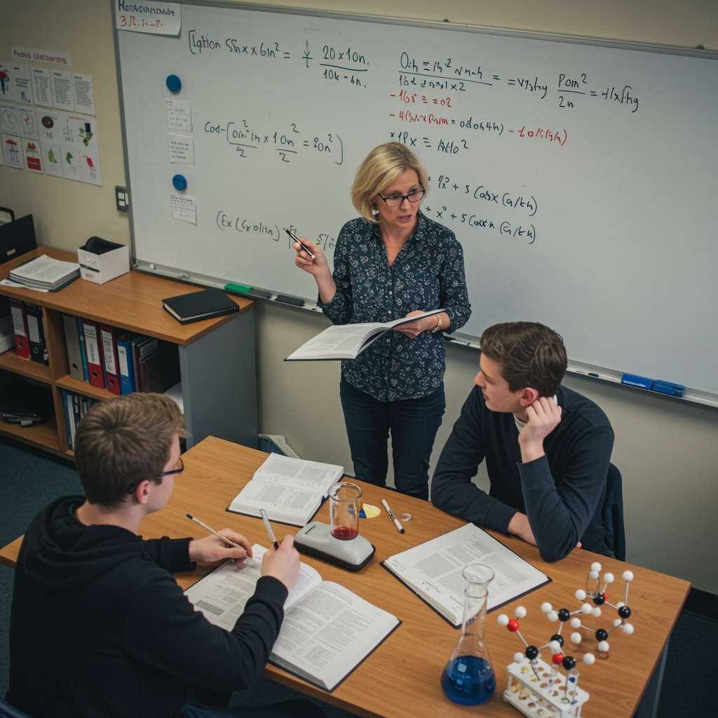 img seccion serviciosRecurso 9 100 "Vista aérea de una tutora blanca explicando matemáticas y ciencias a dos estudiantes en un aula brillante y ordenada, con libros abiertos y material didáctico."