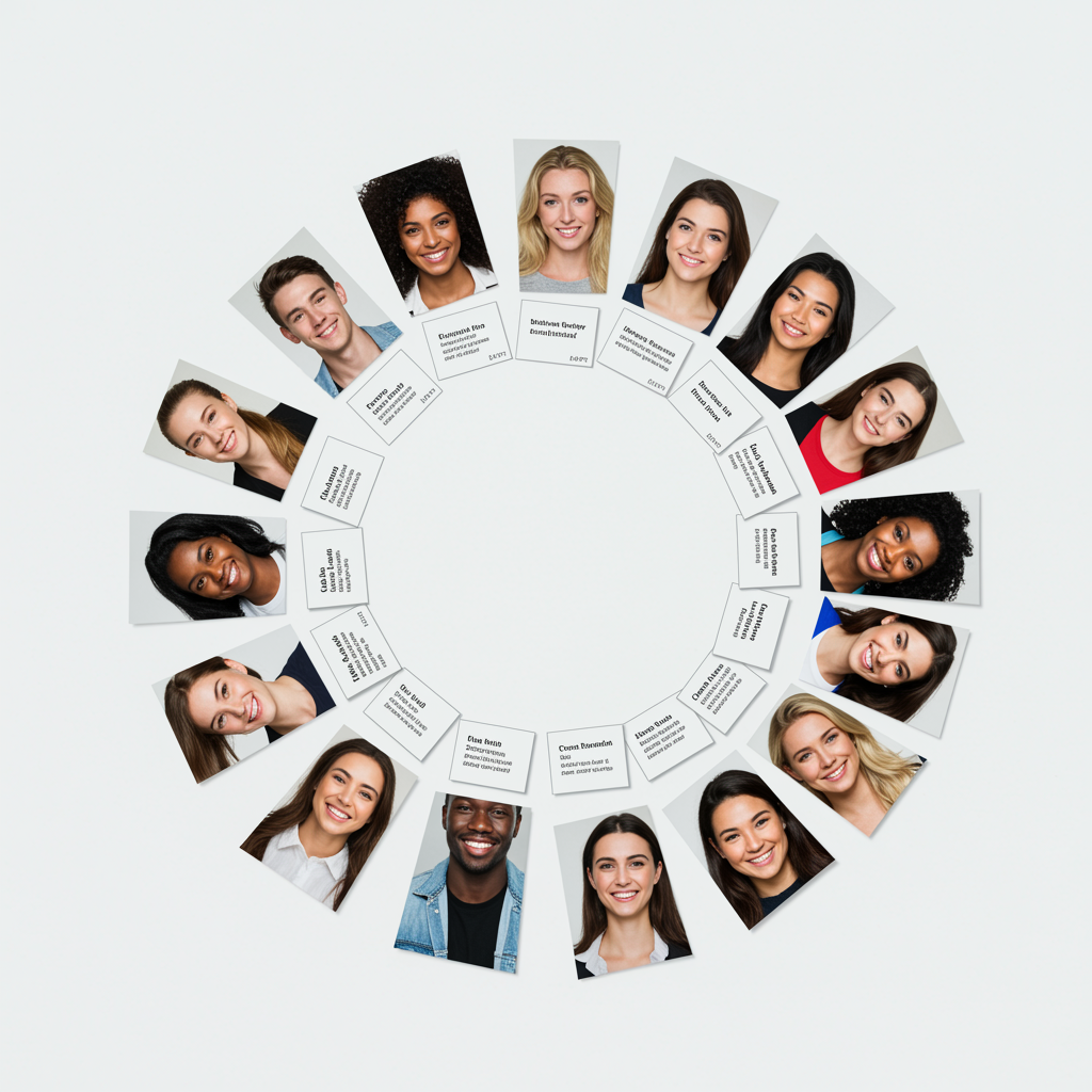 proyecto 1 "Collage de retratos de estudiantes blancos sonrientes con tarjetas de testimonio en un fondo blanco minimalista, representando éxito y satisfacción académica."