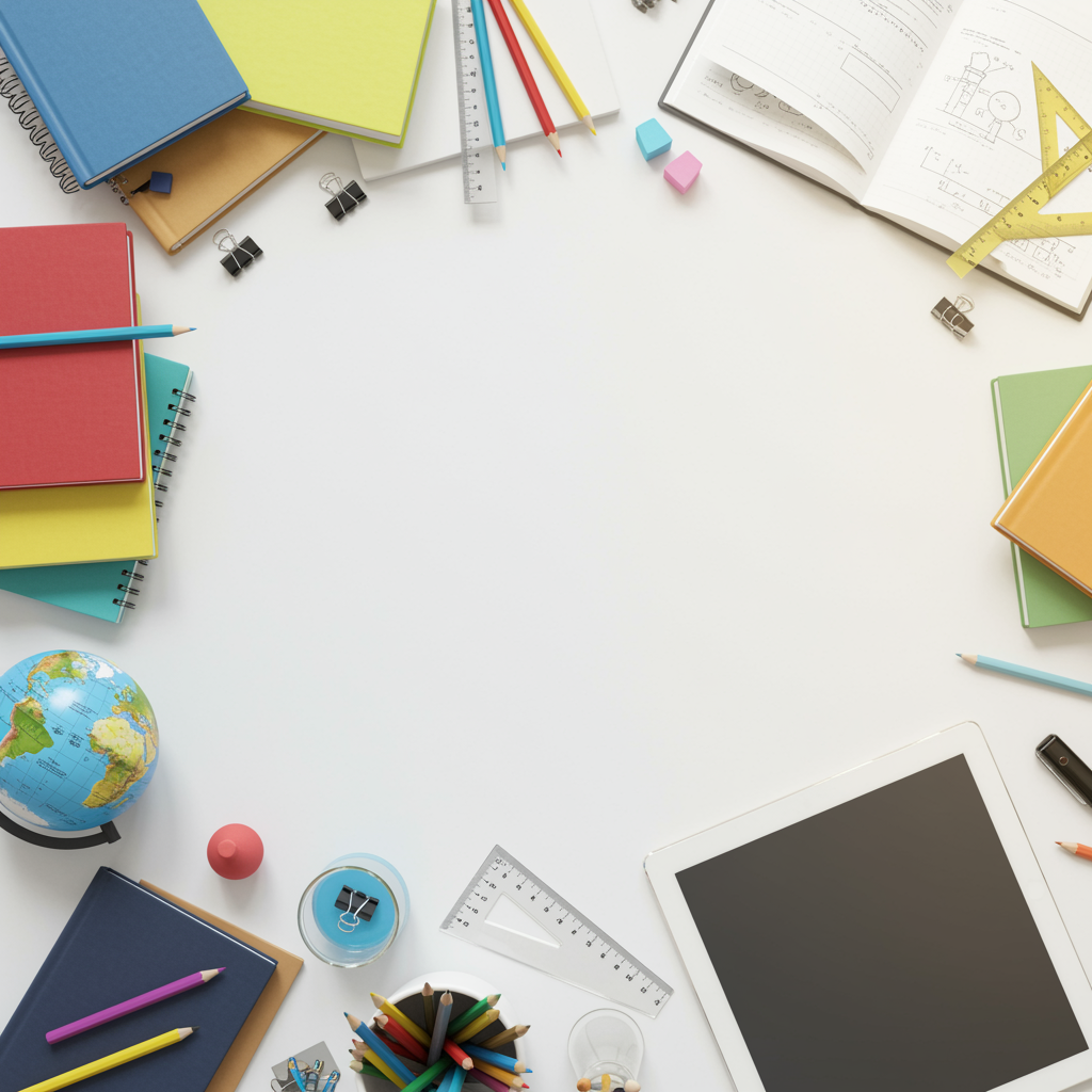 proyecto 3 "Materiales educativos coloridos en un escritorio blanco: libros de texto, cuadernos, lápices, una tablet, equipo de ciencias y un globo, todo en un diseño moderno y luminoso."