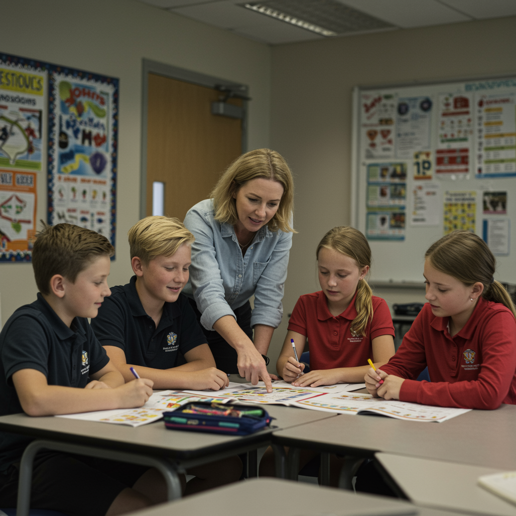 servicio edificacion 2 "Grupo de estudiantes blancos de primaria y secundaria en una sesión de tutoría personalizada con una profesora, en un aula moderna iluminada de forma natural, rodeados de material educativo."